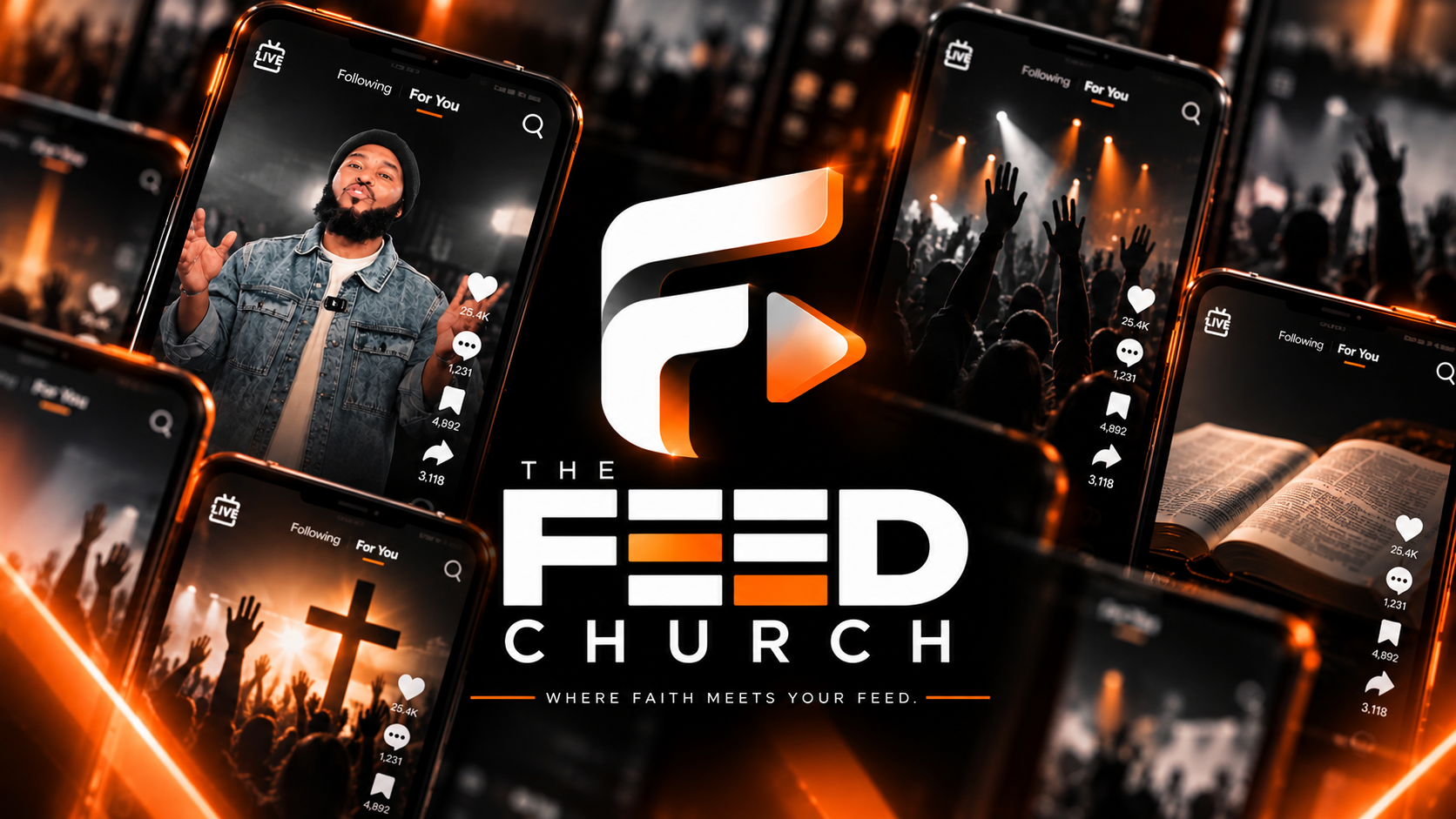 The Feed Church campaign artwork, with a warm orange logo framed by video screens featuring a preacher, worship, and an open Bible.